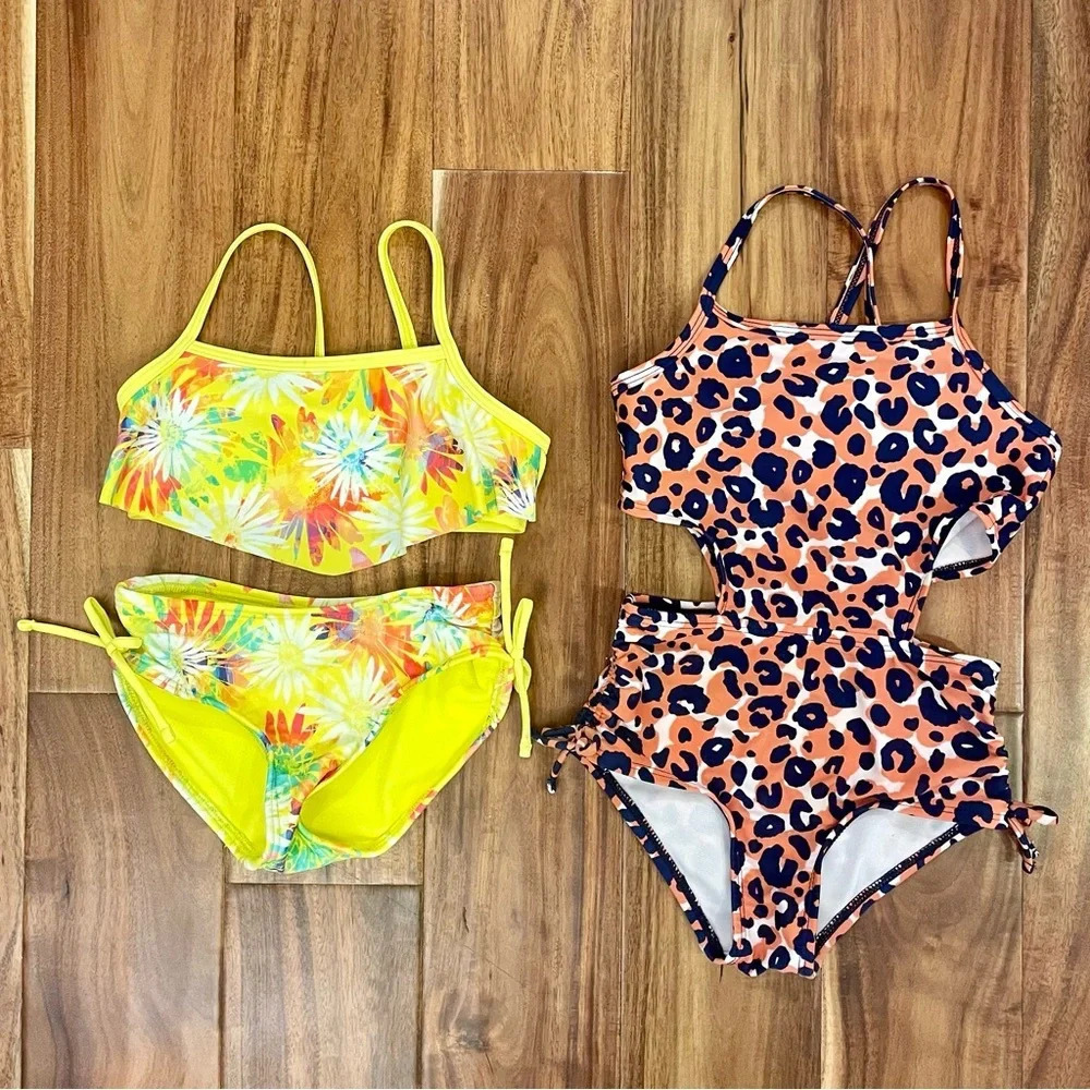 Cat & Jack Girls Swimsuits Yellow Floral 2 Piece & Leopard Print 1 Piece Size 4 - Picture 2 of 16